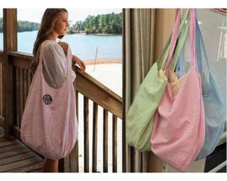 Seersucker beach bag, tote bag, hobo bag - custom embroidery